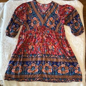 Floral Bohemian Midi Dress - Red and Blue